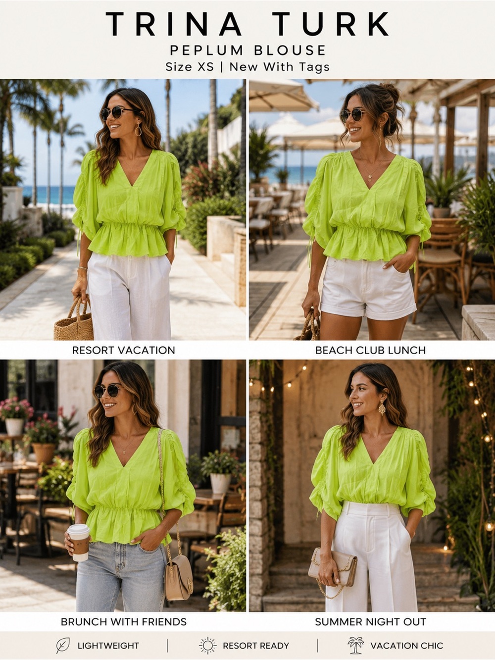 Trina Turk Neon Lime Peplum Blouse XS NWT Resort Vacation Chic Tropical